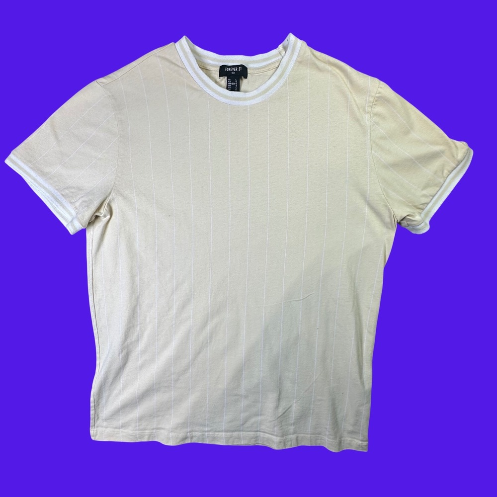 Forever 21 Men Pinstripe Ringer T-Shirt Retro Skater Cream‎ Yellow Large Casual